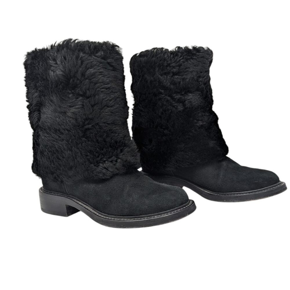 Chanel Black Shearling Nubuck Leather CC Logo Mid Calf Boots 38